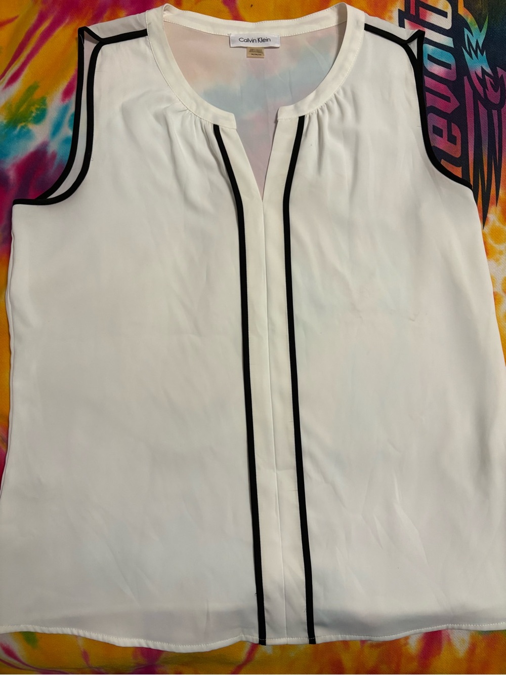 Calvin Klein White Sleeveless Blouse with Black Trim